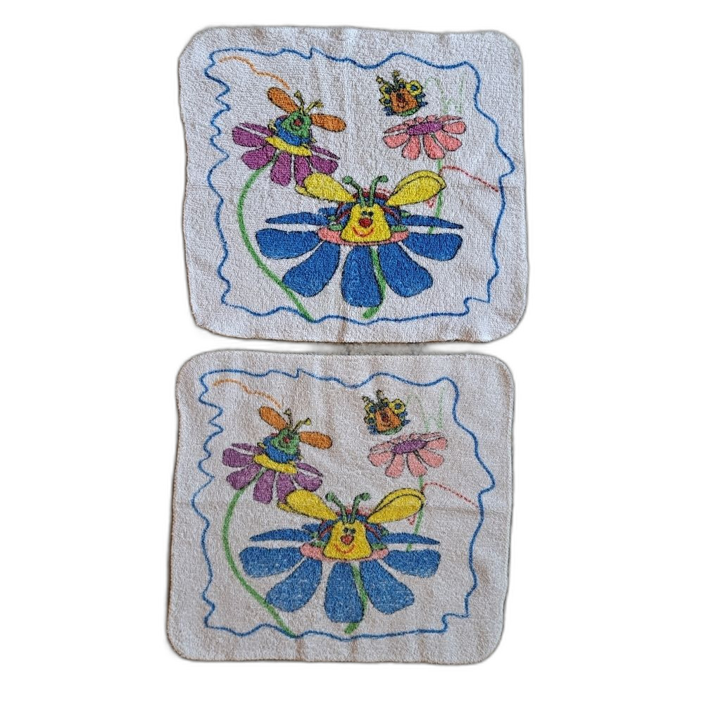 Set of 2 vintage wash cloth towels blue yellow cartoon bugs